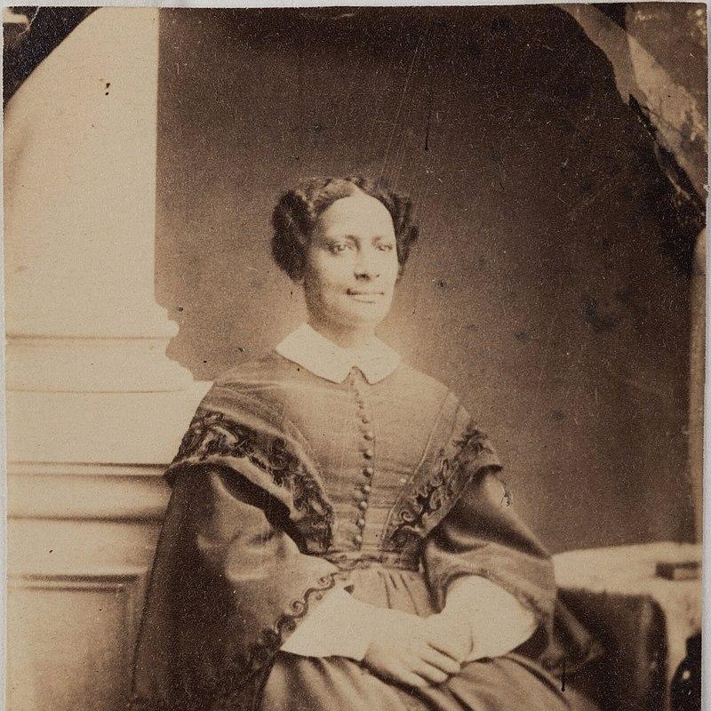Sepia-toned portrait of a seated woman in 19th-century dress, with a high collar and intricate hairstyle, looking slightly to her right.