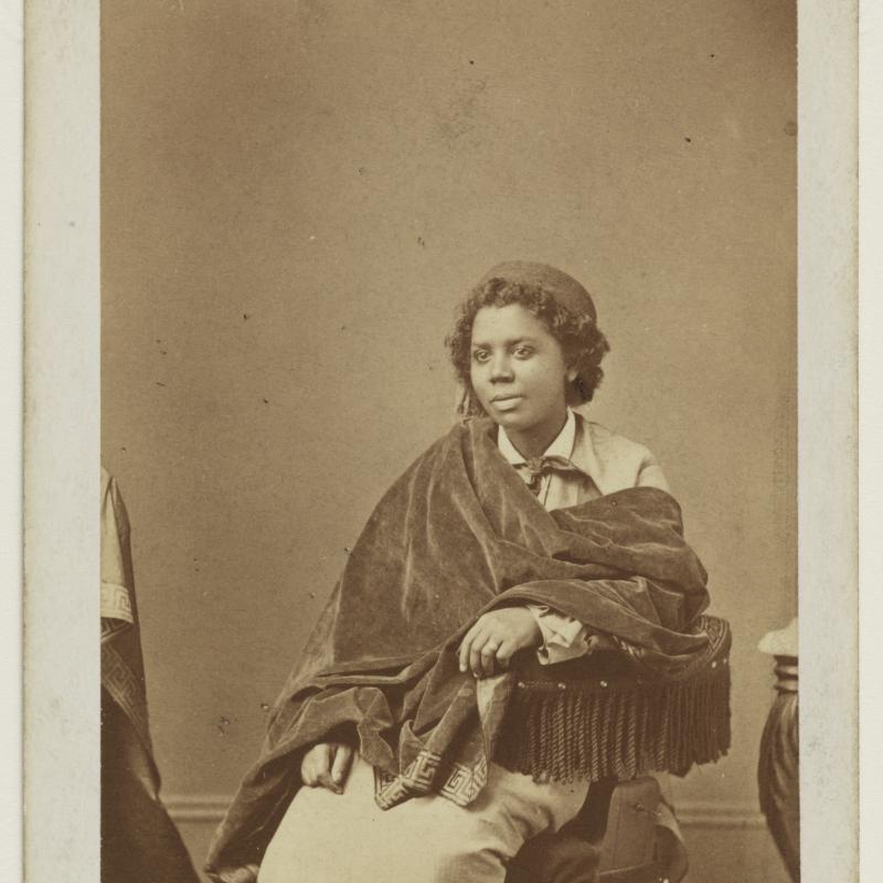Albumen silver print portrait of Edmonia Lewis, seated.