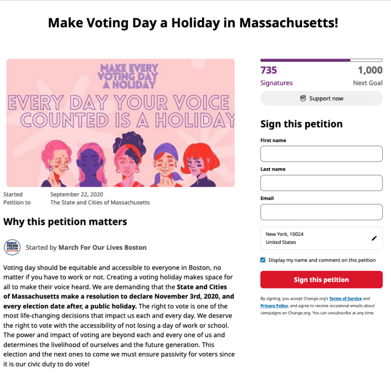 Image of the webpage for an online petition with an illustration of five women