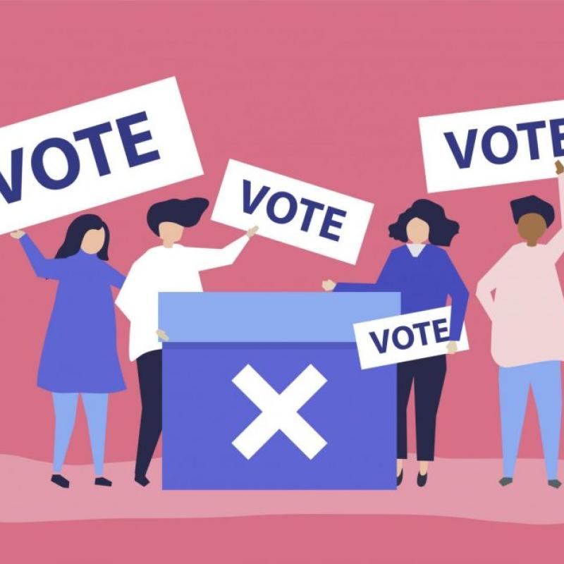 Illustration of people holding signs that encourage people to vote