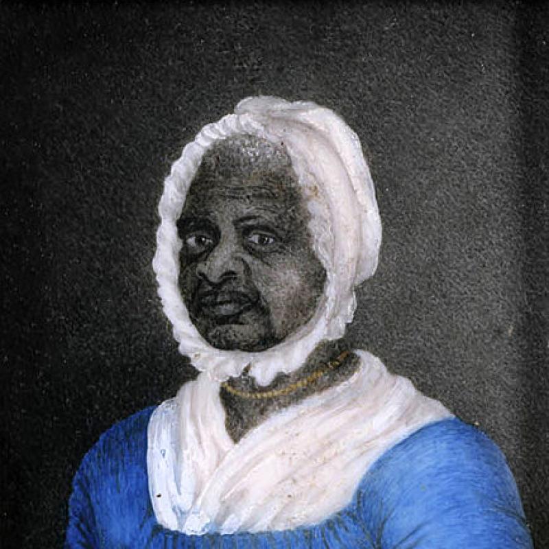 Painted portrait of a woman sitting and wearing a blue dress
