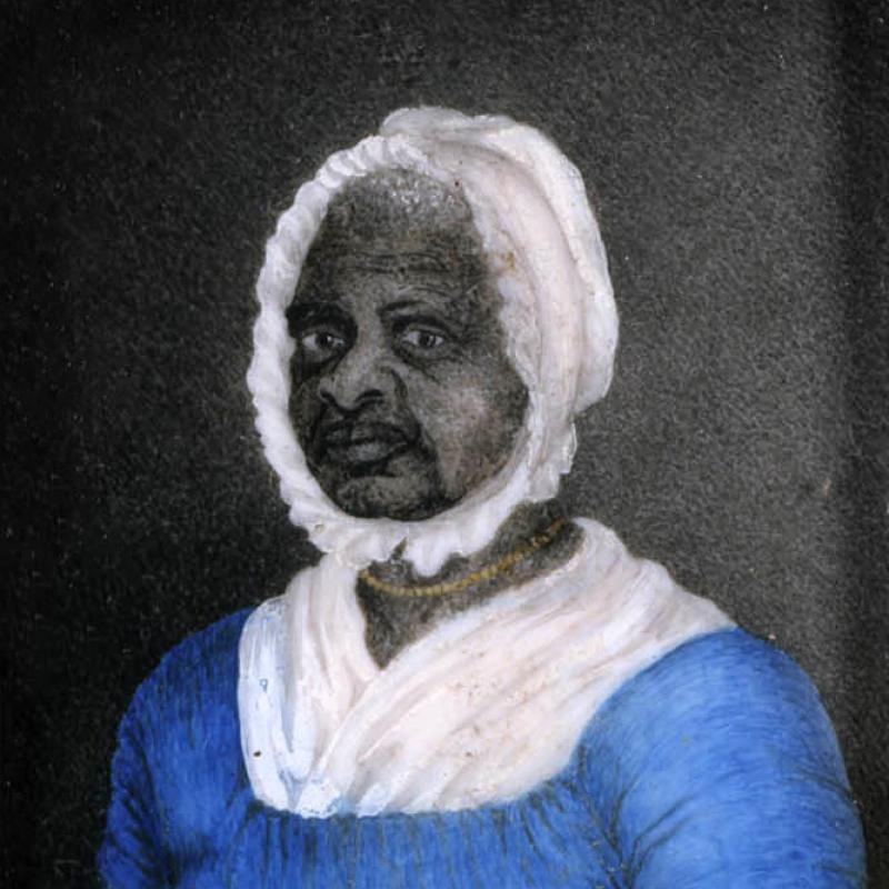 Old painted portrait of woman in blue dress and white bonnet.