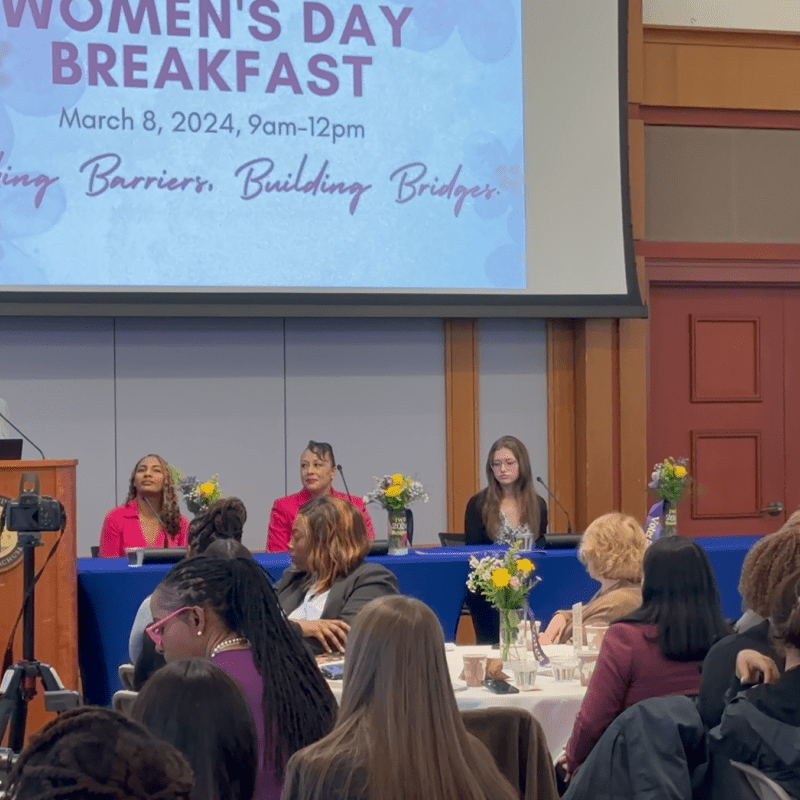 Woman stands at podium next to long table with three seated women.
