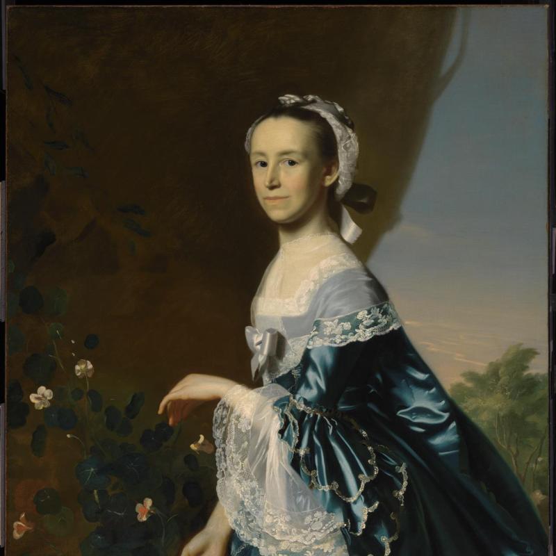 painting of Mercy Otis Warren wearing a blue dress with white lace.