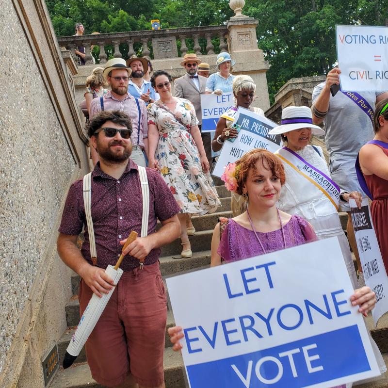 Parade marches down stairs.