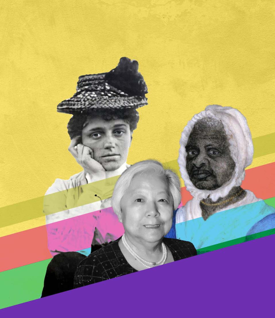 Collage of three female headshots from historical photographs