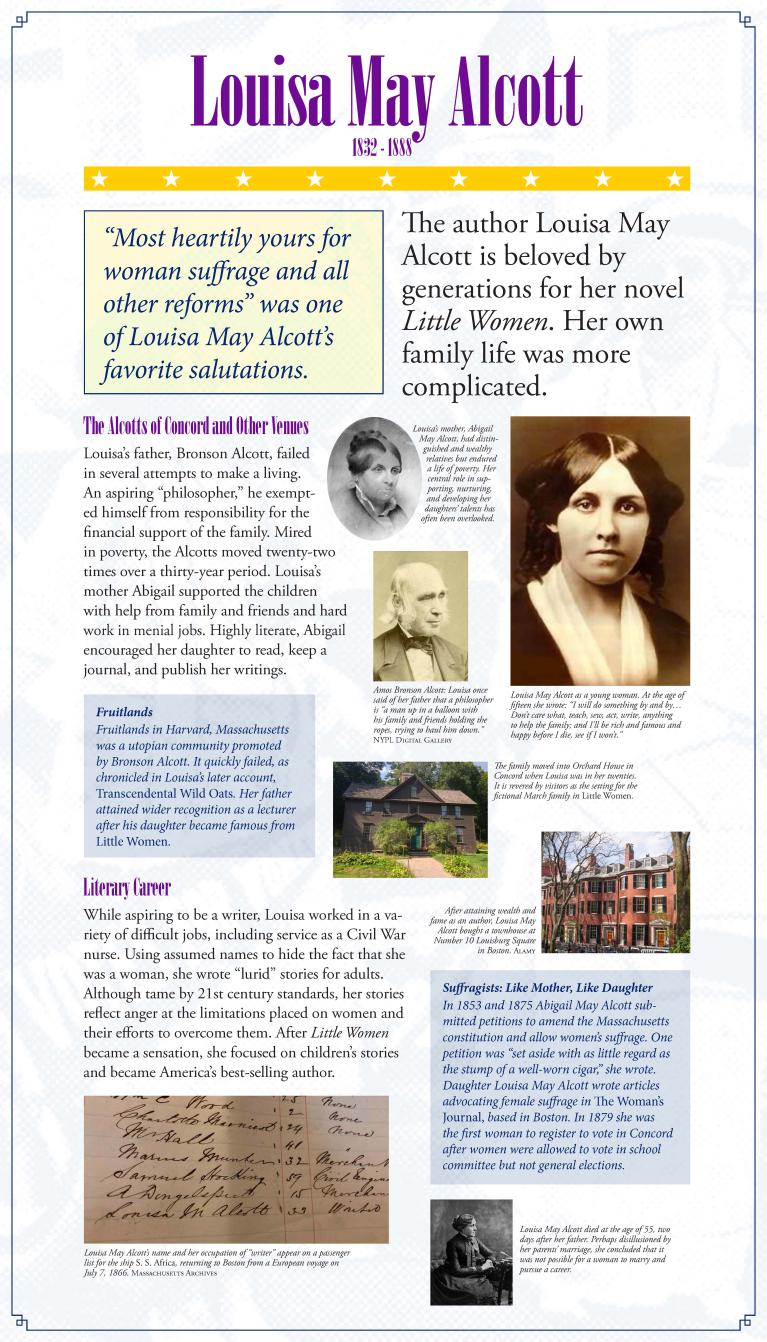 Suffrage display panel featuring Lousia May Alcott