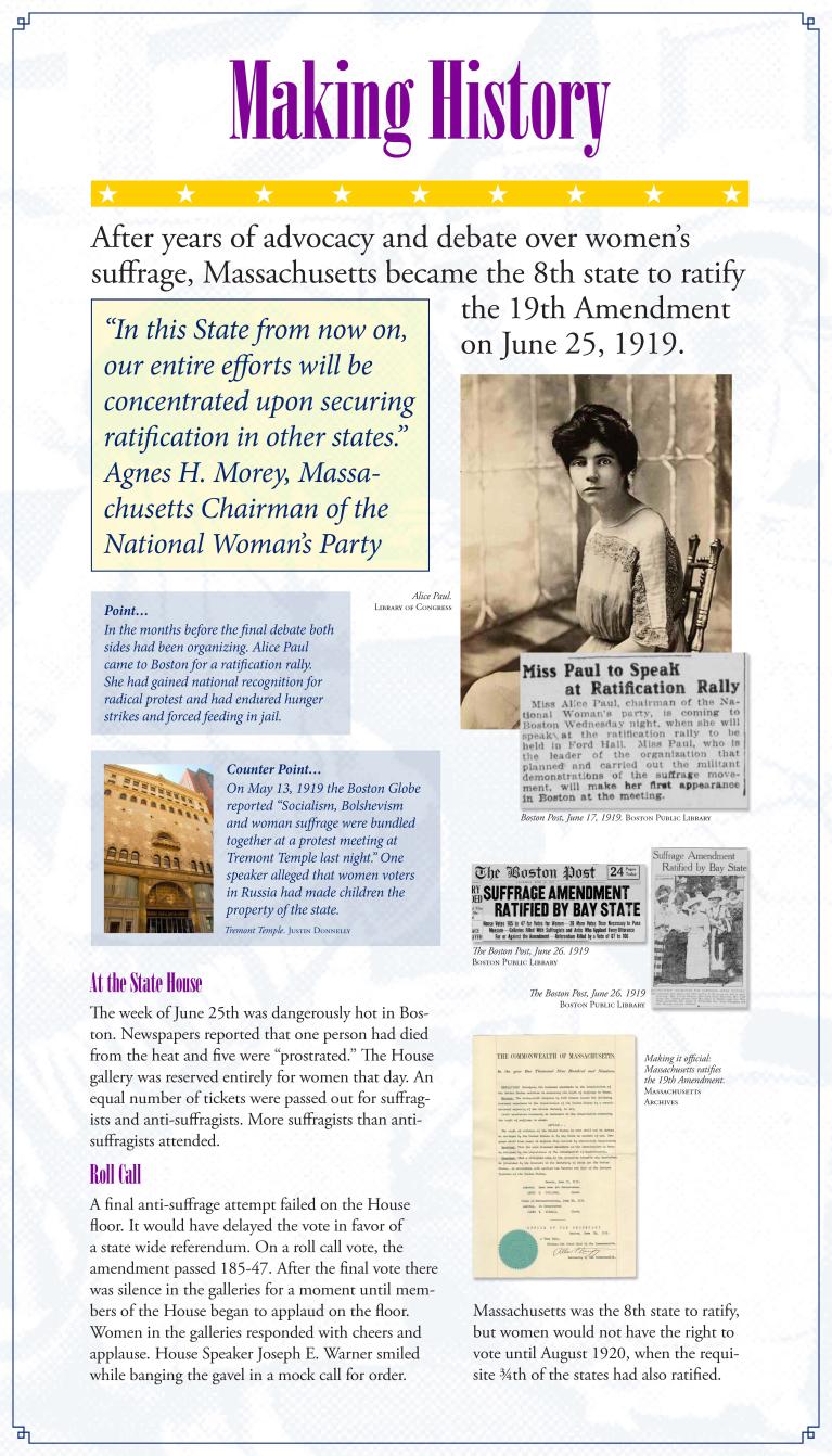 second Suffrage display panel featuring the ratification of the 19th amendment in Massachusetts