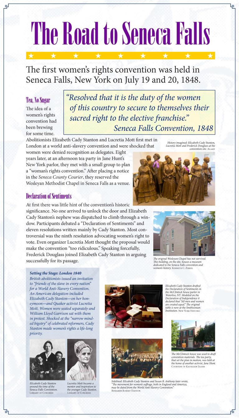 Suffrage display panel featuring the first women's rights convention at Seneca Falls New York