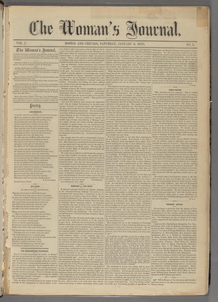 Woman's Journal newspaper from January 8, 1870.