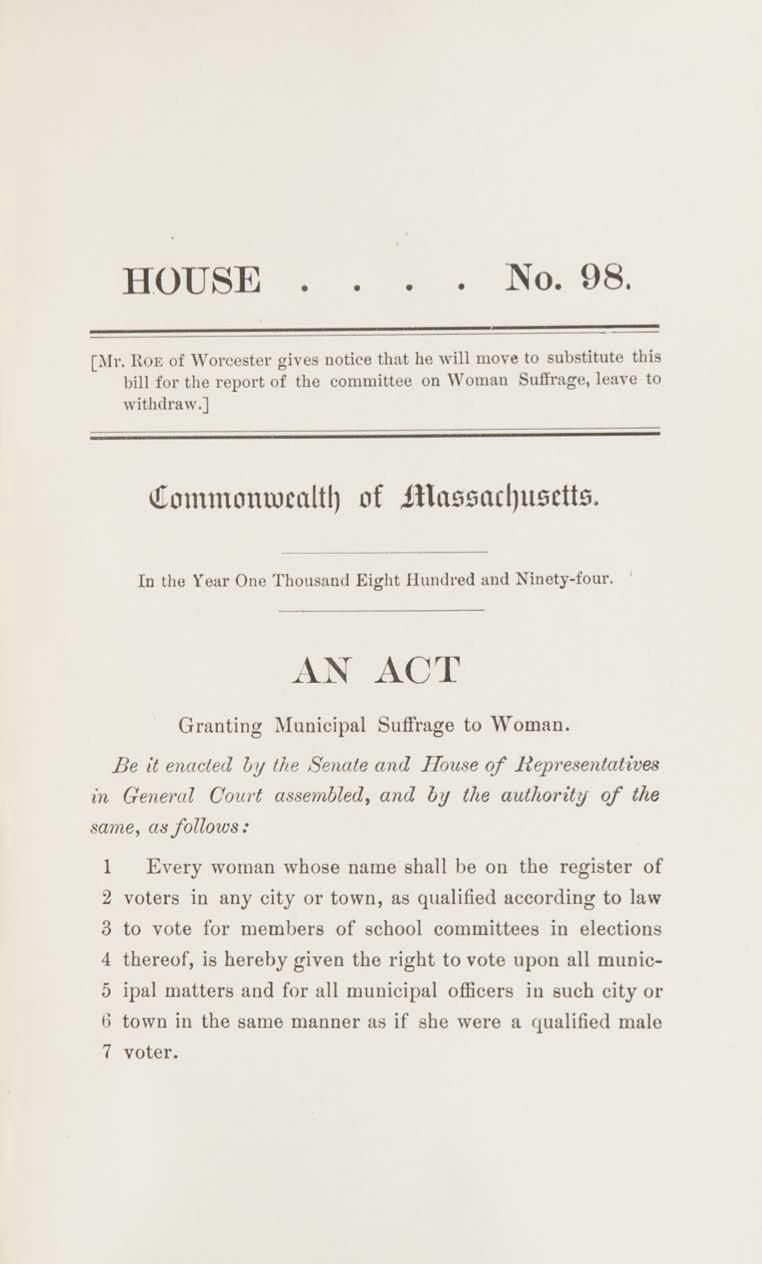Bill for Massachusetts municipal suffrage in 1894.
