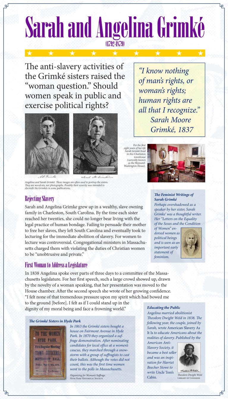Suffrage display panel featuring Sarah Grimke Moore and Angelina Grimke