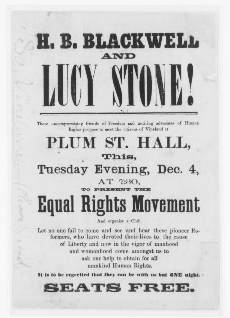 Flier for Lucy Stone and Henry Blackwell event to present the Equal Rights Movement