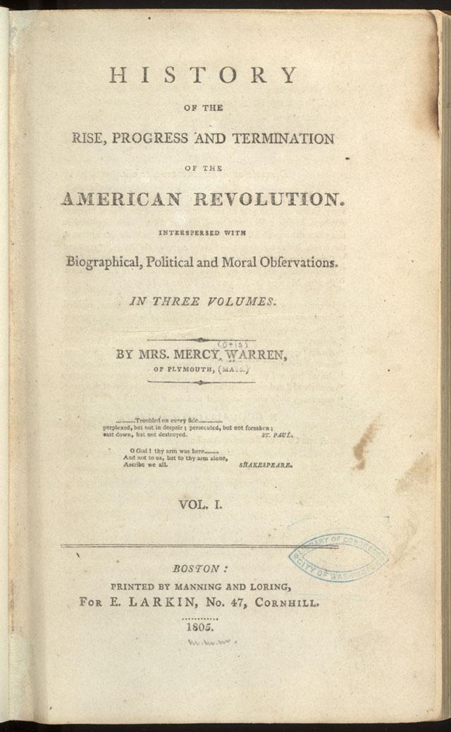 Title page of Mercy Otis Warren's history of the American Revolution