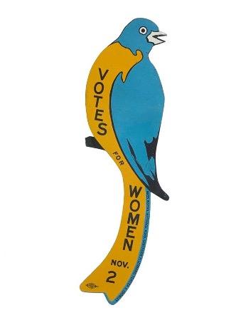 Drawing of bird in blue and yellow with words, "Votes for Women".