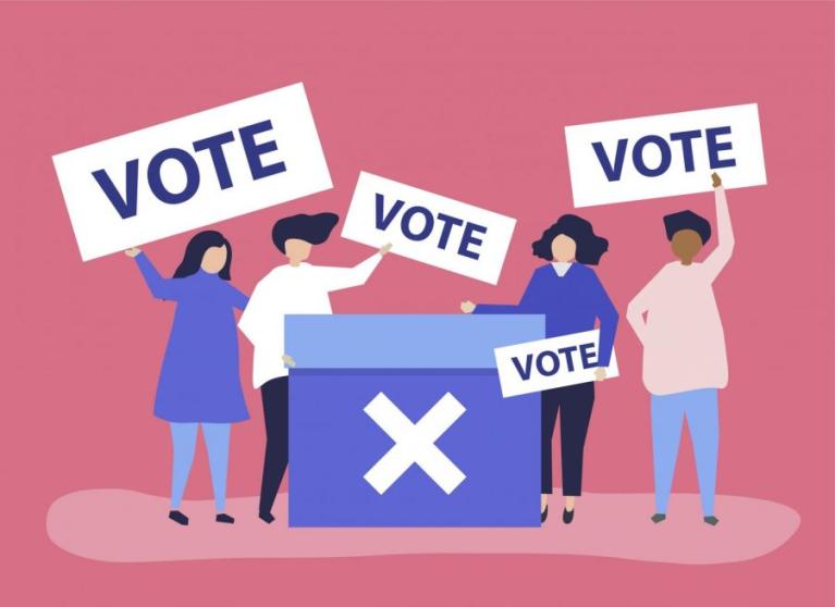 Illustration of people holding signs that encourage people to vote