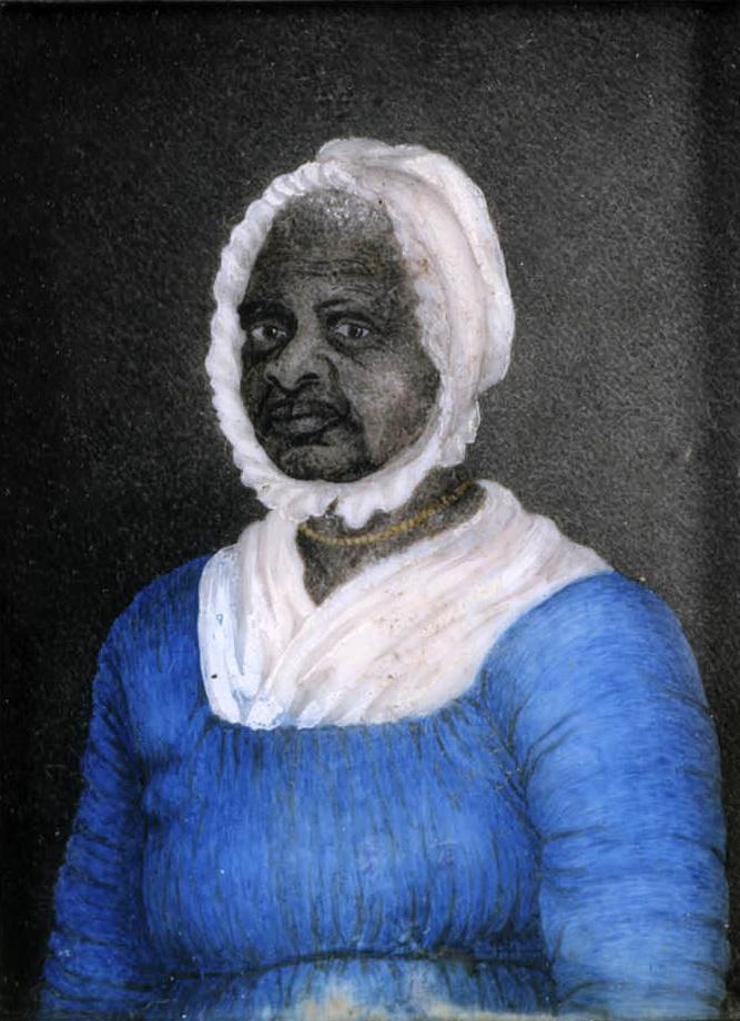 Old painted portrait of woman in blue dress and white bonnet.