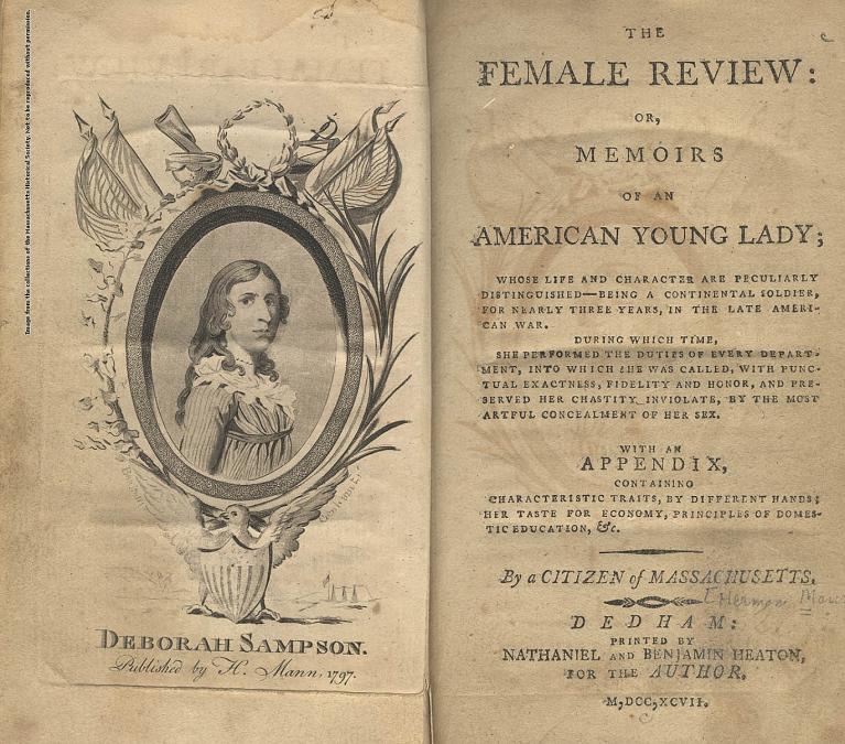 Page spread with left page showing a sketch of Deborah Sampson and the right page naming the title and publishing information of the book