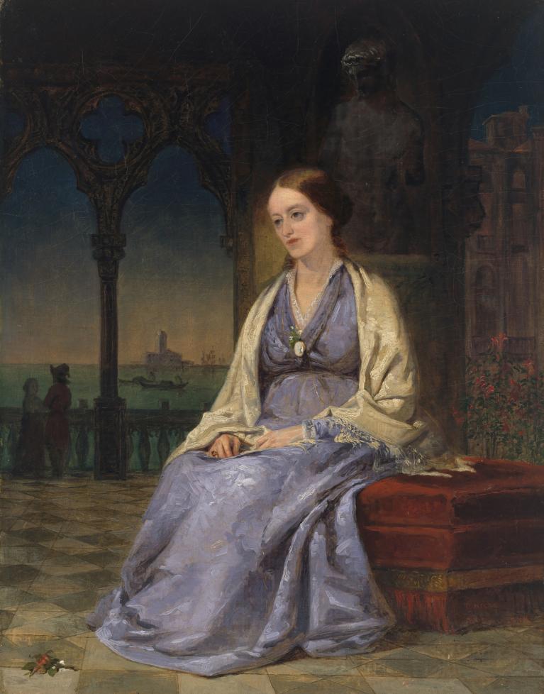 Painting portrait of woman sitting in chair.