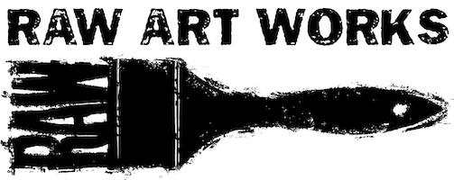 Logo for organization called Raw Art Works. Black lettering over an image of a paintbrush