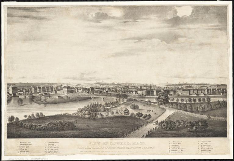 Old black and white illustration of city of Lowell, Massachusetts.